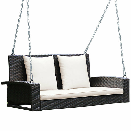 2-Person Patio Rattan Hanging Porch Swing Bench Chair w/Cushion - jenshomeandgardendecor