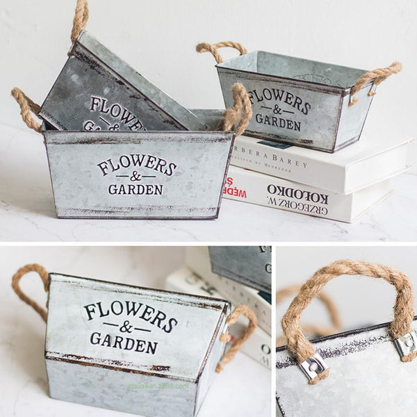 European Vintage Metal Rustic Bucket Flower Pot with Twine Handles - jenshomeandgardendecor