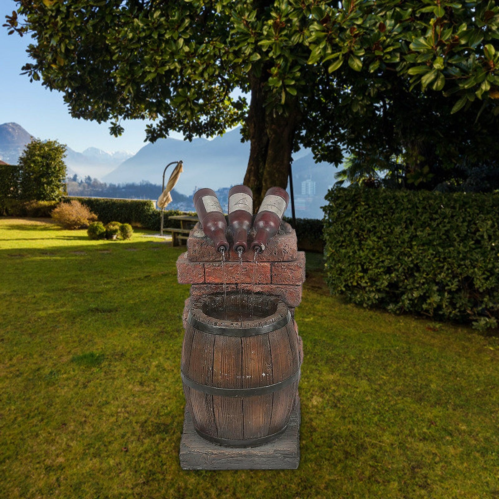 Resin Wine Bottle And Barrel Outdoor Water Fountain - jenshomeandgardendecor