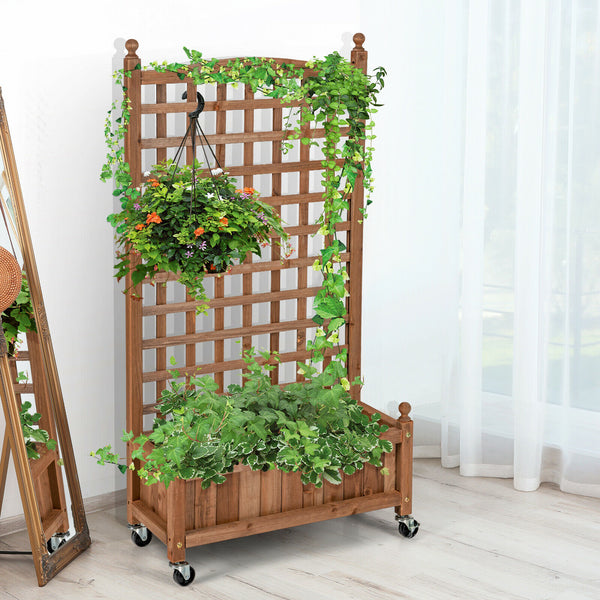 50in Wood Planter Box w/Trellis Mobile Raised Bed for Climbing Plant - jenshomeandgardendecor