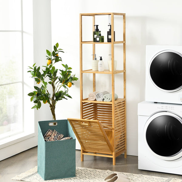 Bathroom Tilt-out Laundry Hamper 3-Tier Shelves Bamboo Tower Basket - jenshomeandgardendecor