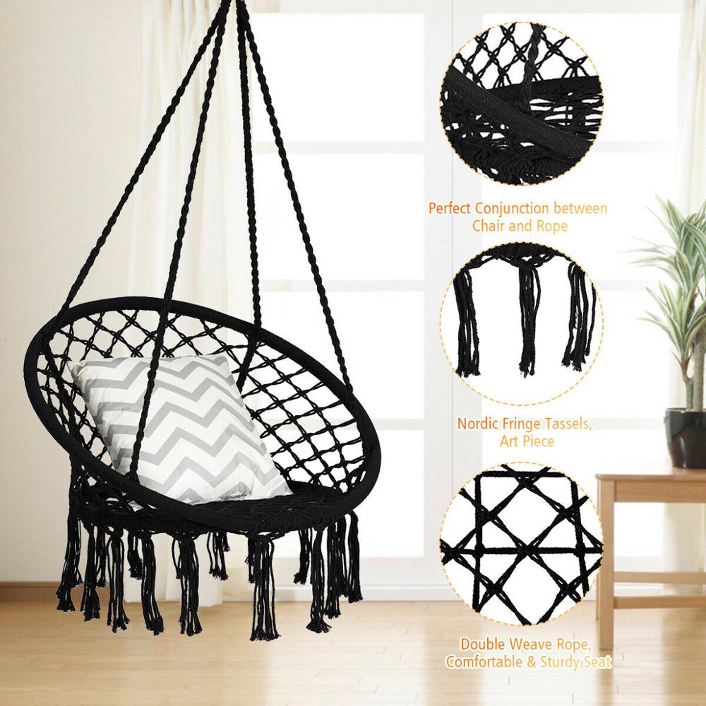 Hanging Hammock Swing Chair Macrame Handwoven Cotton Backrest Garden Black - jenshomeandgardendecor