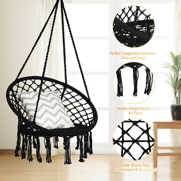 Hanging Hammock Swing Chair Macrame Handwoven Cotton Backrest Garden Black - jenshomeandgardendecor