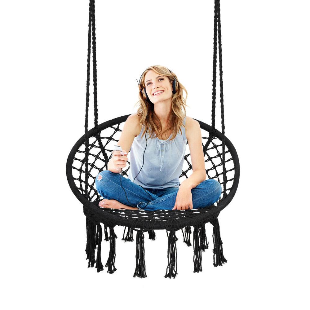 Hanging Hammock Swing Chair Macrame Handwoven Cotton Backrest Garden Black - jenshomeandgardendecor