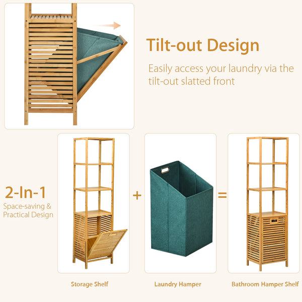 Bathroom Tilt-out Laundry Hamper 3-Tier Shelves Bamboo Tower Basket - jenshomeandgardendecor