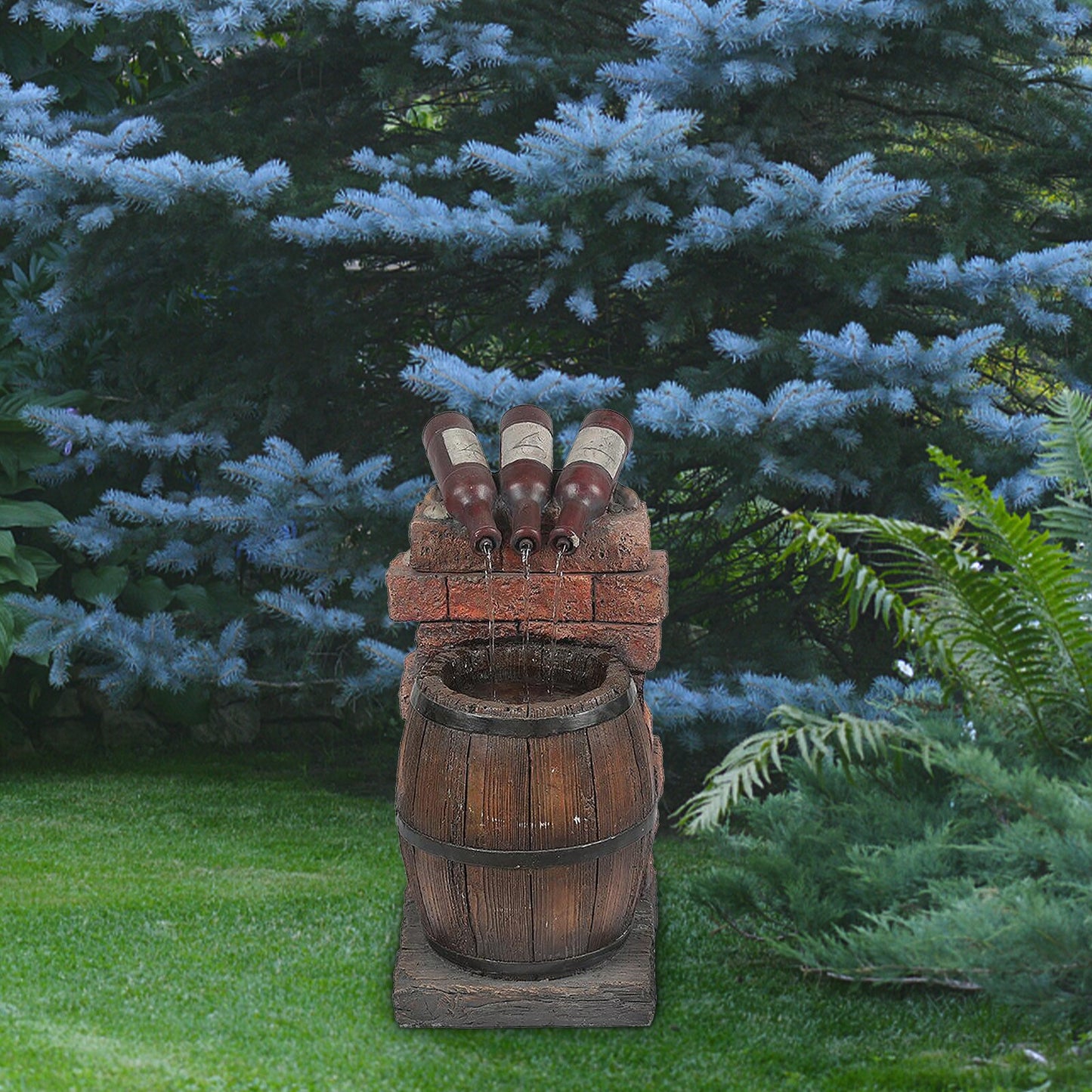 Resin Wine Bottle And Barrel Outdoor Water Fountain - jenshomeandgardendecor