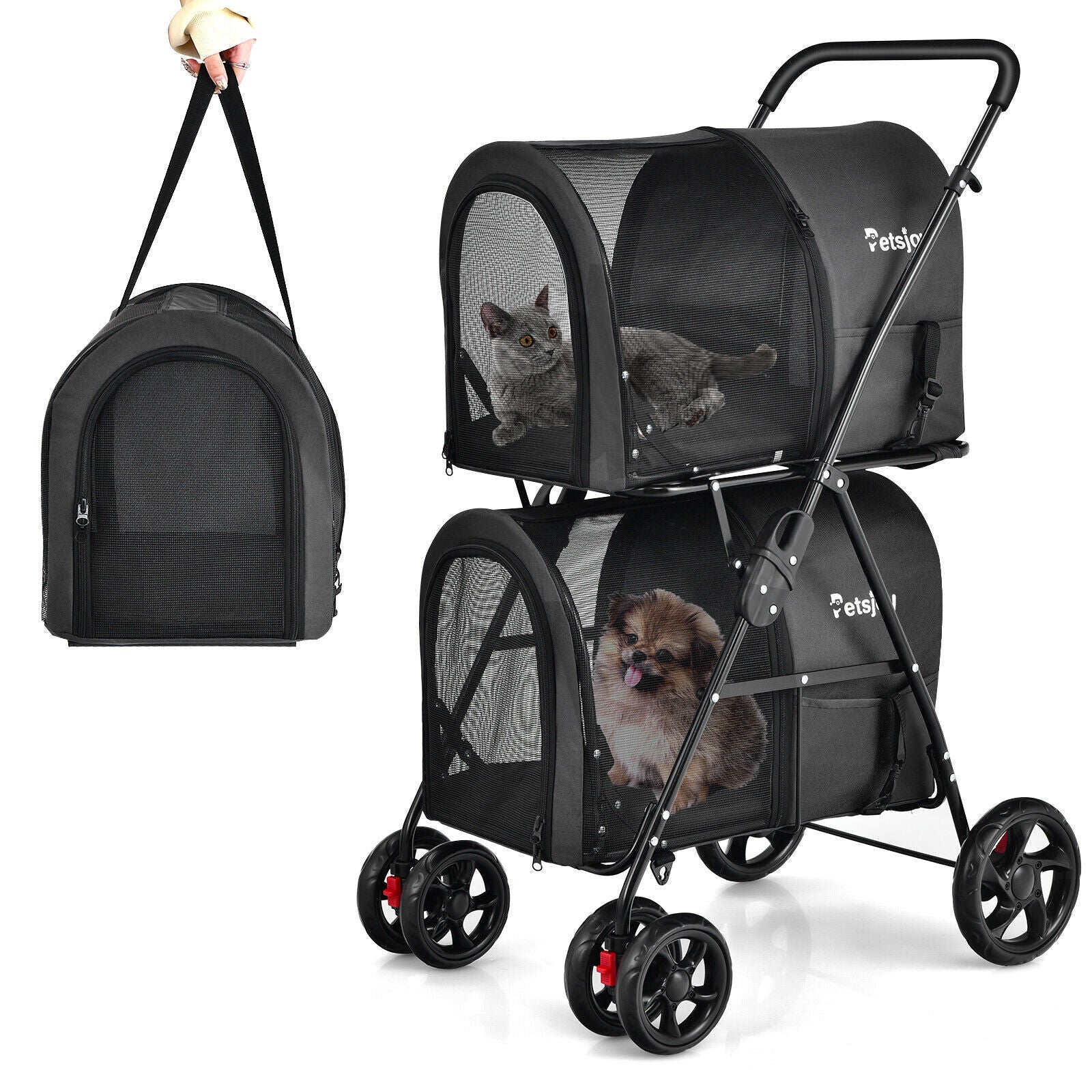 Double 4-in-1 Pet Stroller w/ Detachable Carrier - jenshomeandgardendecor