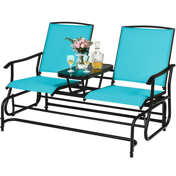 2 Person Outdoor Patio Double Glider Chair Loveseat Rocking with Center Table - jenshomeandgardendecor