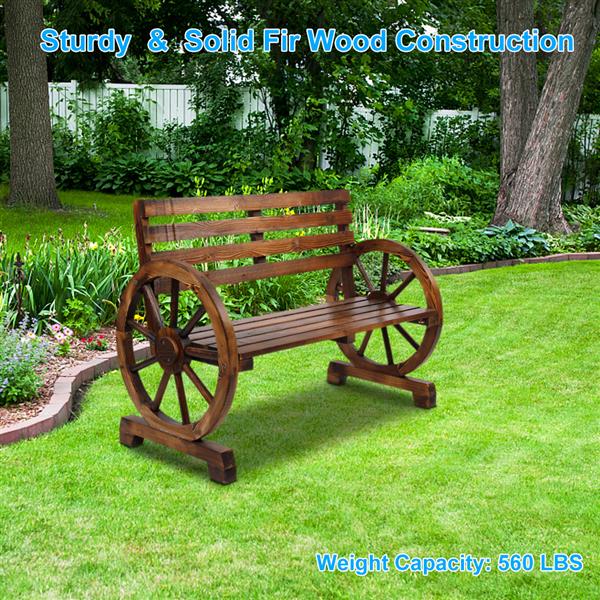 Wooden Wheel Bench with Slatted Seat and Back - jenshomeandgardendecor