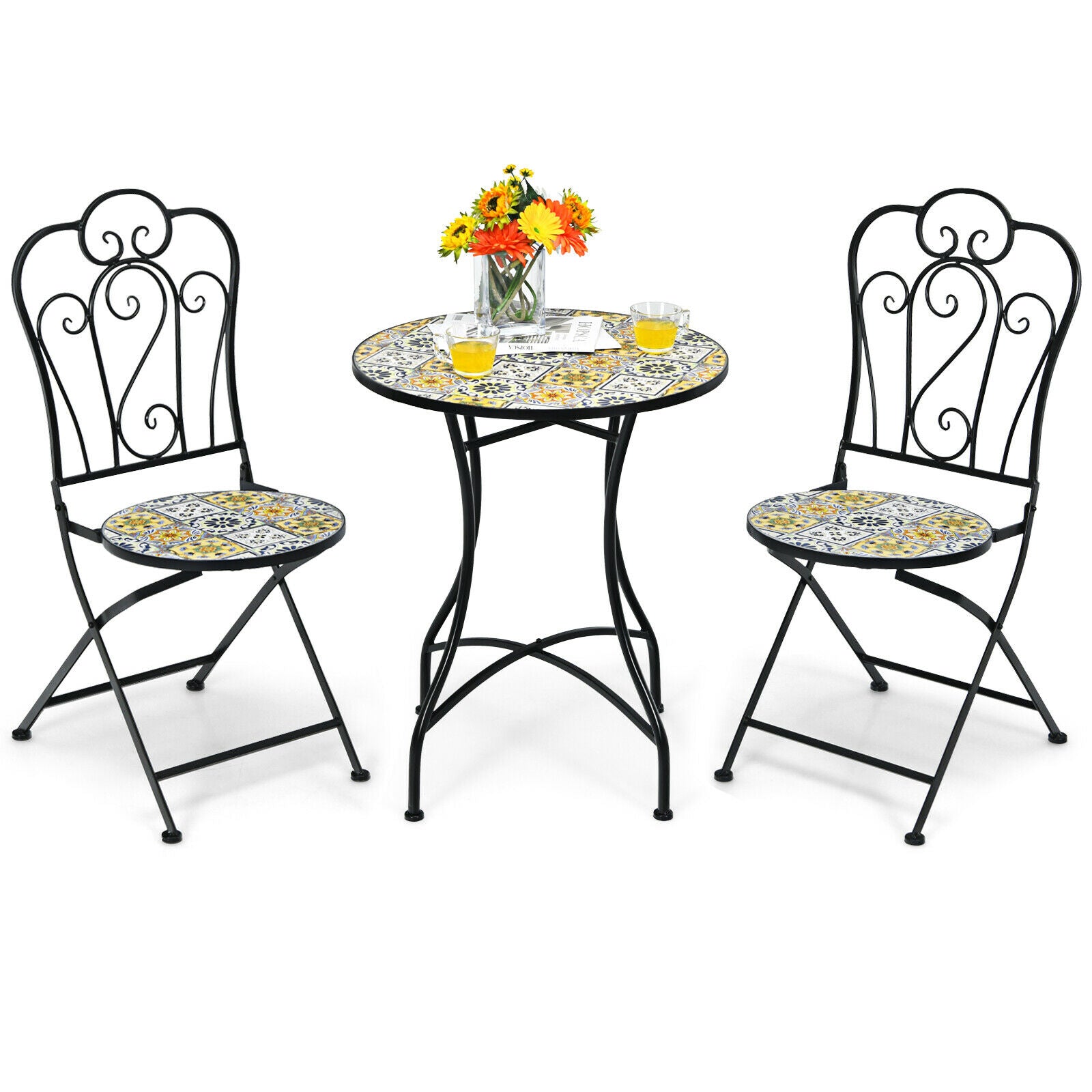 3PCS Patio Bistro Set Mosaic Design Folding Chairs Round Table Garden - jenshomeandgardendecor