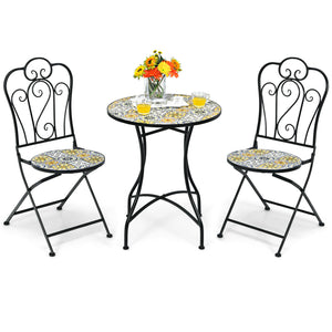 3PCS Patio Bistro Set Mosaic Design Folding Chairs Round Table Garden - jenshomeandgardendecor