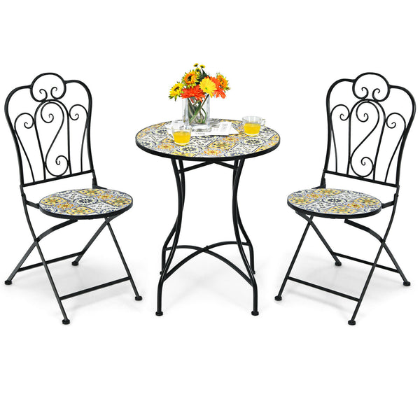 3PCS Patio Bistro Set Mosaic Design Folding Chairs Round Table Garden - jenshomeandgardendecor