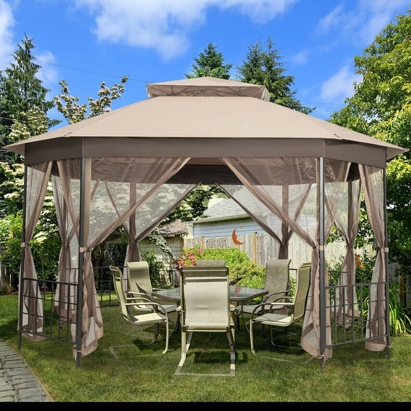 Octagonal Patio Gazebo Canopy Shelter Double Top W/Netting Sidewalls - jenshomeandgardendecor