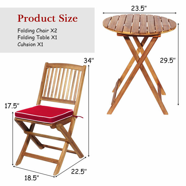 3PCS Patio Folding Wooden Bistro Set Cushioned Chair Conversation Garden Red - jenshomeandgardendecor