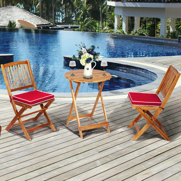 3PCS Patio Folding Wooden Bistro Set Cushioned Chair Conversation Garden Red - jenshomeandgardendecor