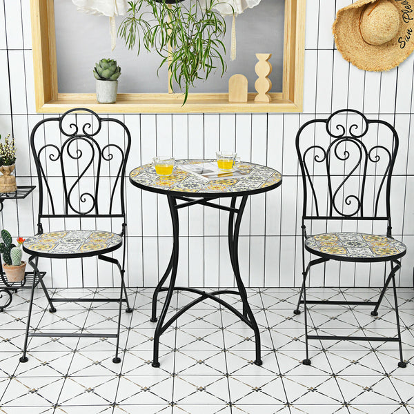 3PCS Patio Bistro Set Mosaic Design Folding Chairs Round Table Garden - jenshomeandgardendecor