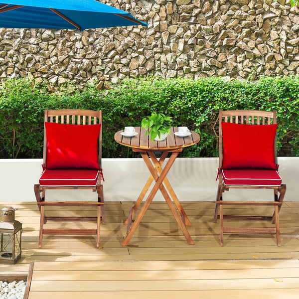 3PCS Patio Folding Wooden Bistro Set Cushioned Chair Conversation Garden Red - jenshomeandgardendecor