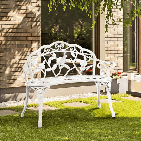 Outdoor Antique Metal Bench for Patio Park Garden, White - jenshomeandgardendecor