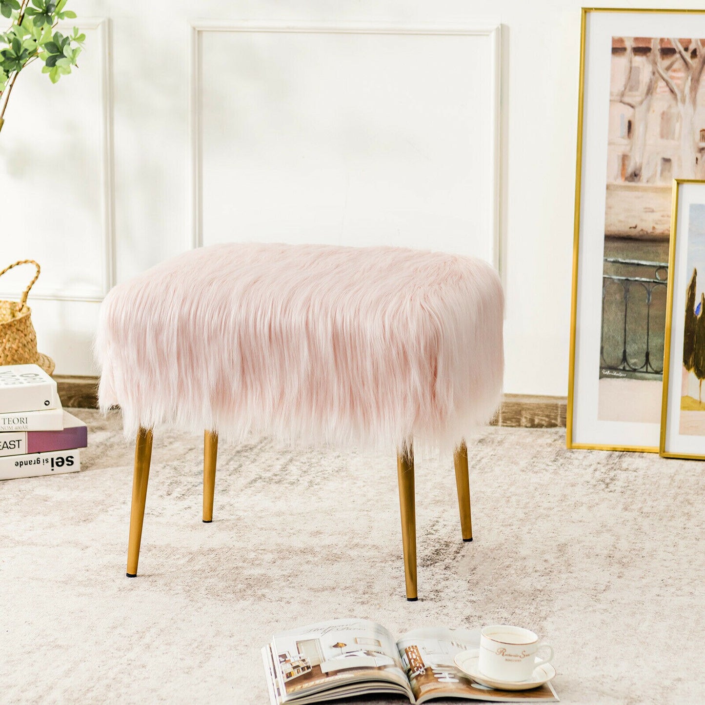 Faux Fur Vanity Stool Square Furry Ottoman w/ Golden Metal Legs Pink - jenshomeandgardendecor