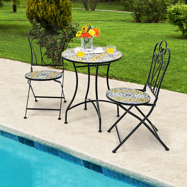 3PCS Patio Bistro Set Mosaic Design Folding Chairs Round Table Garden - jenshomeandgardendecor