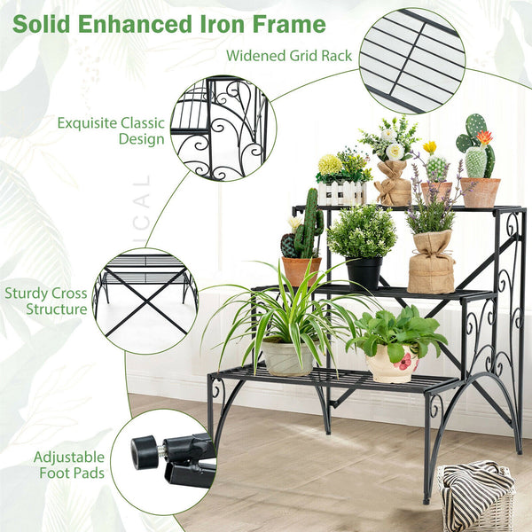 3 Tier Stair Style Metal Plant Stand - jenshomeandgardendecor