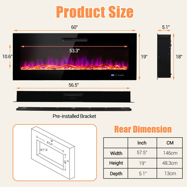 Electric Fireplace Recessed Wall Mounted Heater W/ Decorative Crystal - jenshomeandgardendecor