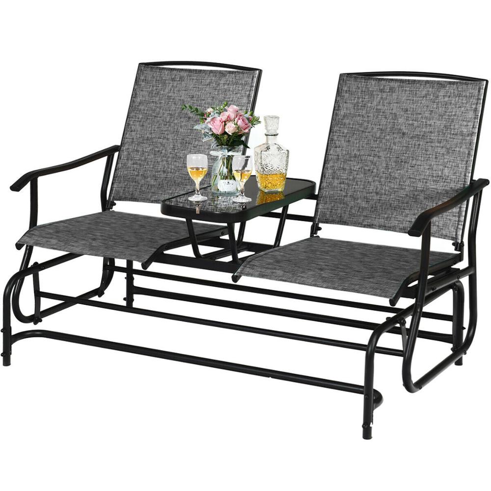 2 Person Outdoor Patio Double Glider Chair Loveseat Rocking with Center Table - jenshomeandgardendecor