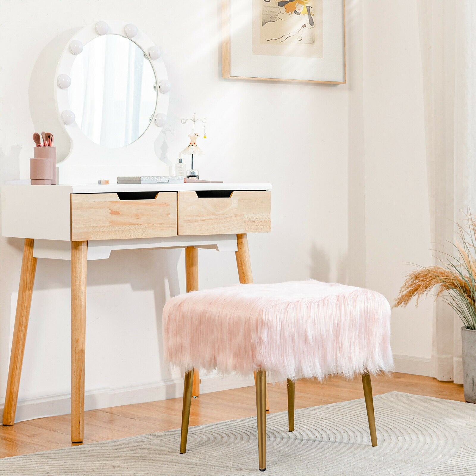 Faux Fur Vanity Stool Square Furry Ottoman w/ Golden Metal Legs Pink - jenshomeandgardendecor