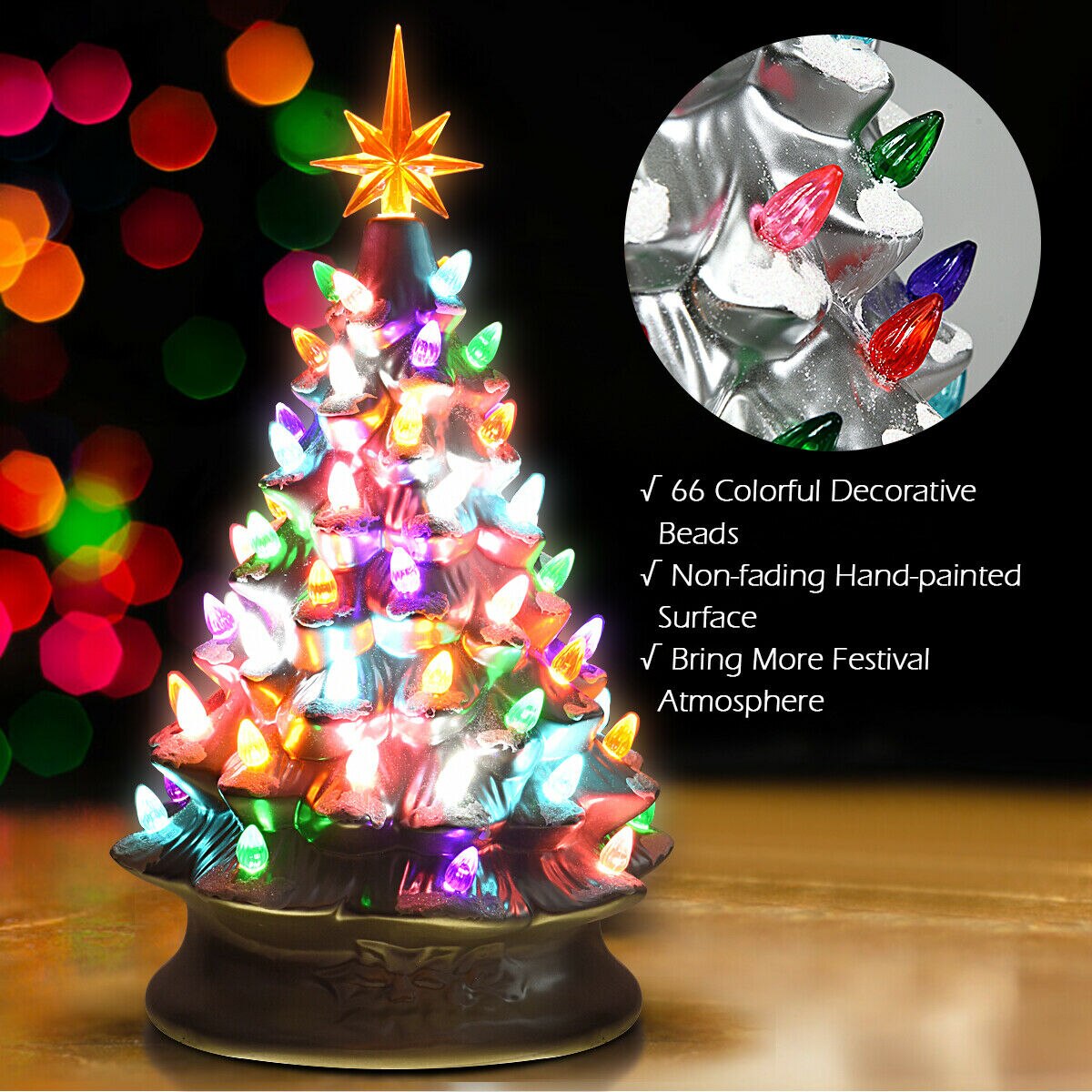 Prelit Hand-Painted Ceramic Tabletop Christmas Tree Battery Powered Silver - jenshomeandgardendecor