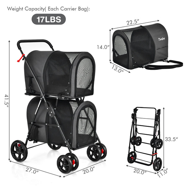 Double 4-in-1 Pet Stroller w/ Detachable Carrier - jenshomeandgardendecor