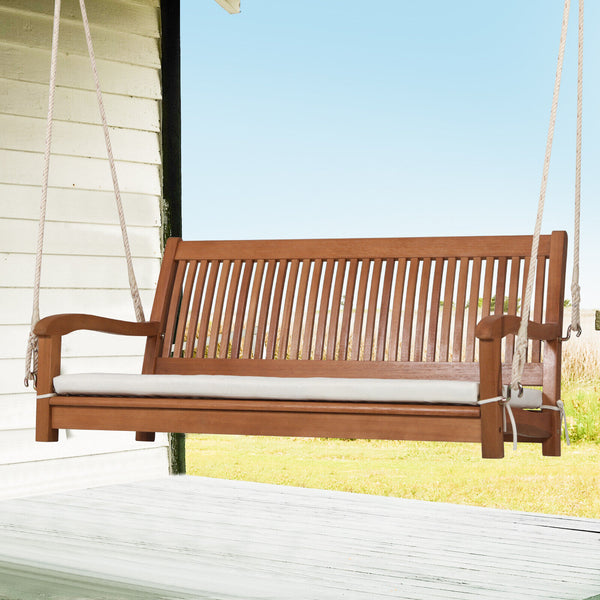 2-Person Hanging Porch Swing Wood Bench with Cushion - jenshomeandgardendecor