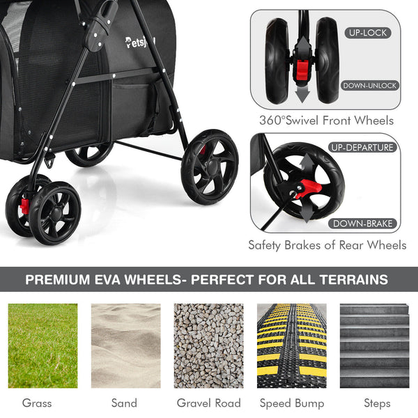 Double 4-in-1 Pet Stroller w/ Detachable Carrier - jenshomeandgardendecor