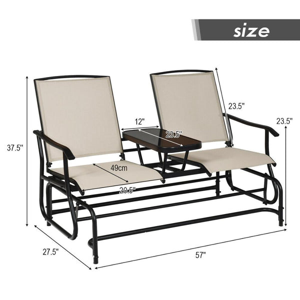 2 Person Outdoor Patio Double Glider Chair Loveseat Rocking with Center Table - jenshomeandgardendecor