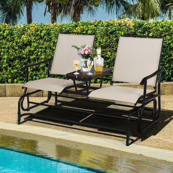 2 Person Outdoor Patio Double Glider Chair Loveseat Rocking with Center Table - jenshomeandgardendecor