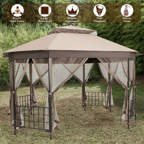 Octagonal Patio Gazebo Canopy Shelter Double Top W/Netting Sidewalls - jenshomeandgardendecor