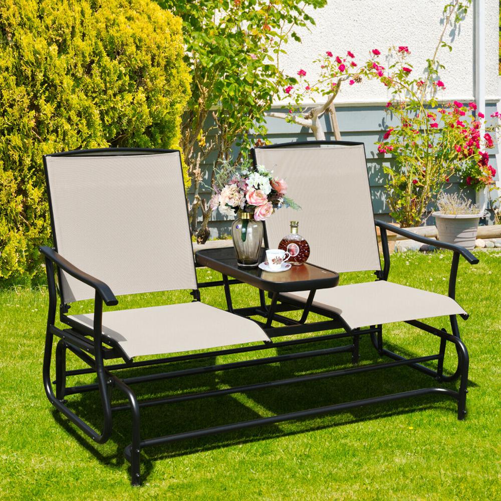 2 Person Outdoor Patio Double Glider Chair Loveseat Rocking with Center Table - jenshomeandgardendecor