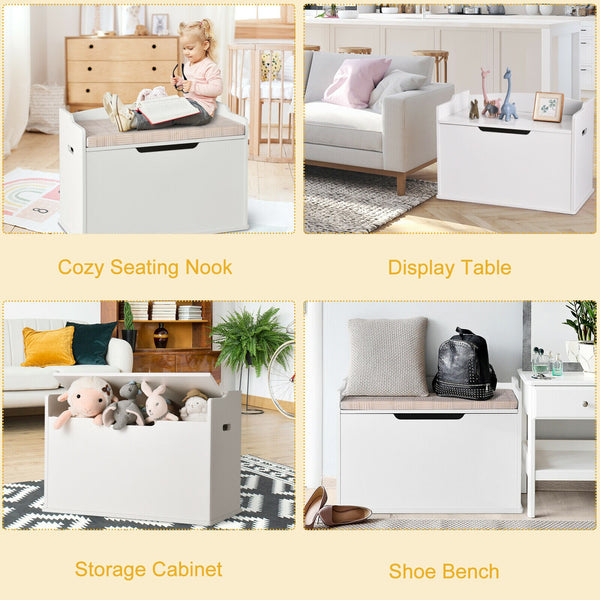 Wooden Toy Box Kids Storage Chest Lift Top Bench Seat W/ Cushion - jenshomeandgardendecor