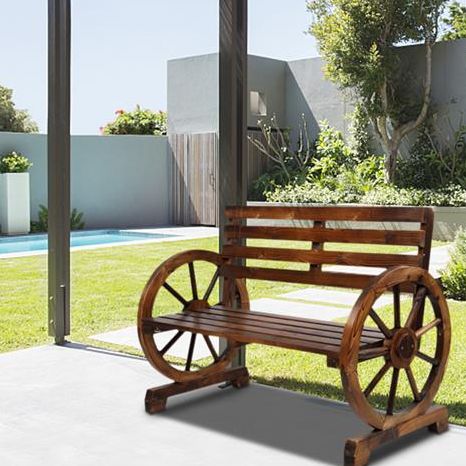 Wooden Wheel Bench with Slatted Seat and Back - jenshomeandgardendecor