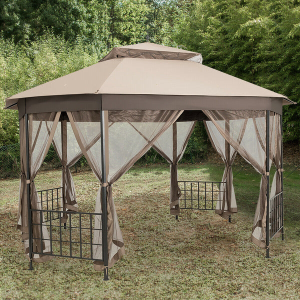 Octagonal Patio Gazebo Canopy Shelter Double Top W/Netting Sidewalls - jenshomeandgardendecor