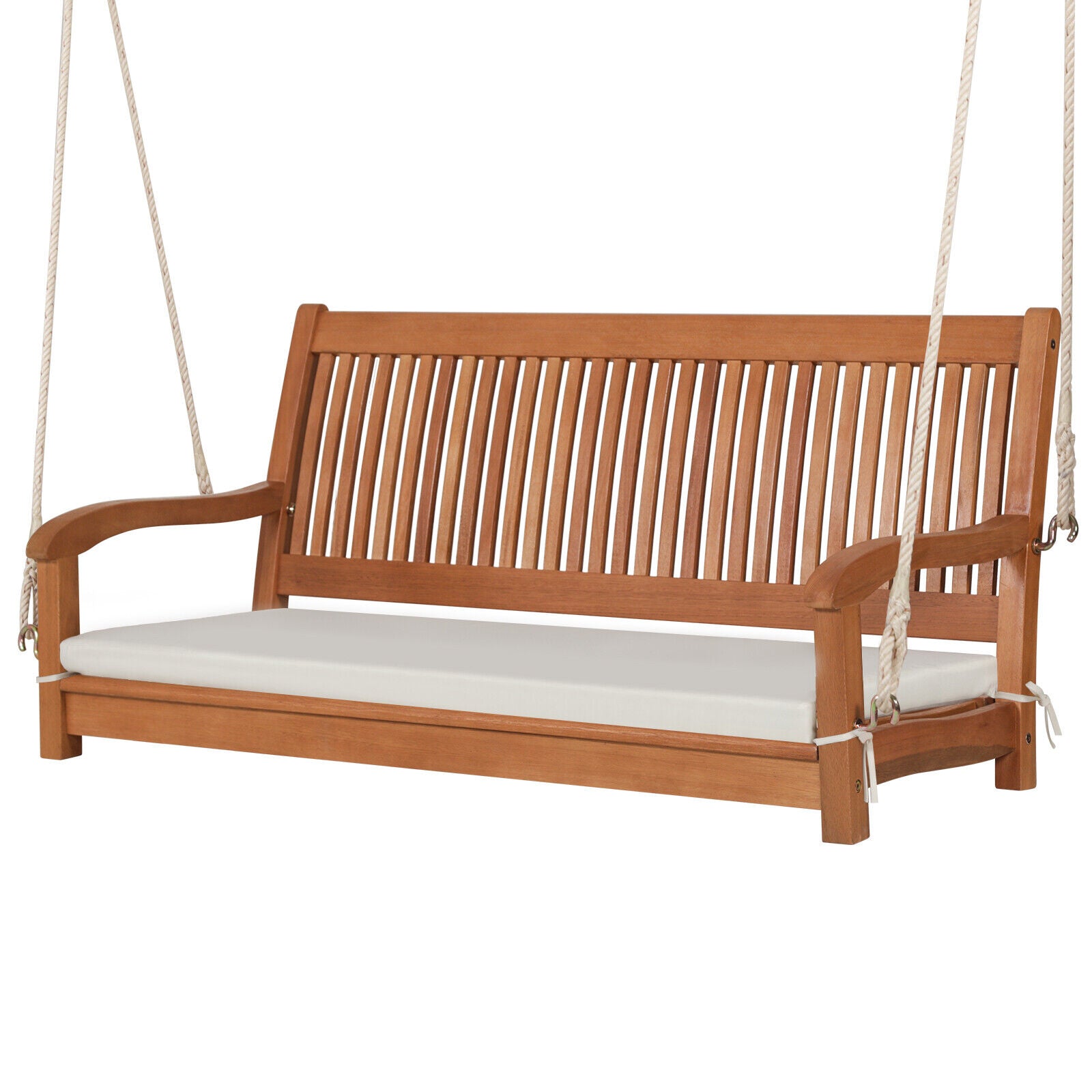 2-Person Hanging Porch Swing Wood Bench with Cushion - jenshomeandgardendecor