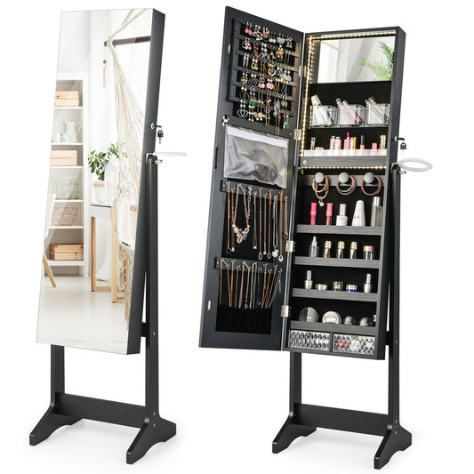 Standing Jewelry Cabinet Full Length Mirror Lockable w/ 3-Color LED Lights Black - jenshomeandgardendecor