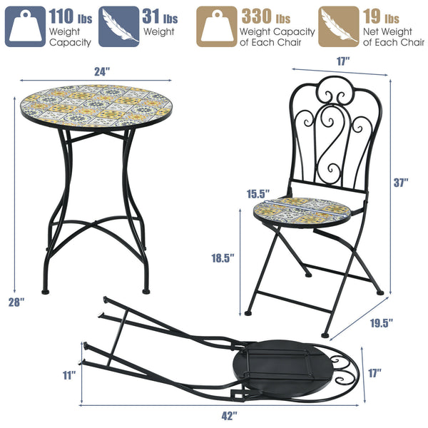 3PCS Patio Bistro Set Mosaic Design Folding Chairs Round Table Garden - jenshomeandgardendecor