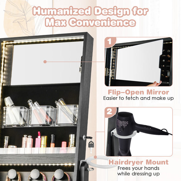 Standing Jewelry Cabinet Full Length Mirror Lockable w/ 3-Color LED Lights Black - jenshomeandgardendecor