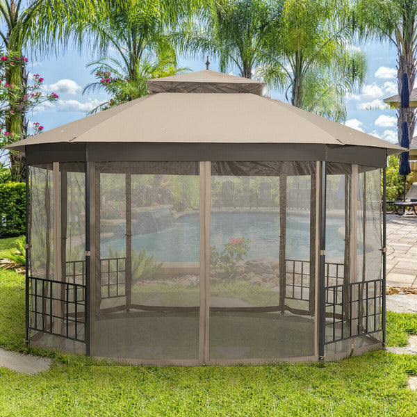 Octagonal Patio Gazebo Canopy Shelter Double Top W/Netting Sidewalls - jenshomeandgardendecor