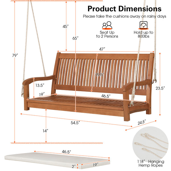 2-Person Hanging Porch Swing Wood Bench with Cushion - jenshomeandgardendecor