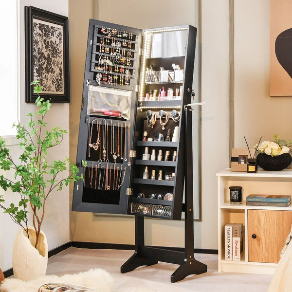 Standing Jewelry Cabinet Full Length Mirror Lockable w/ 3-Color LED Lights Black - jenshomeandgardendecor