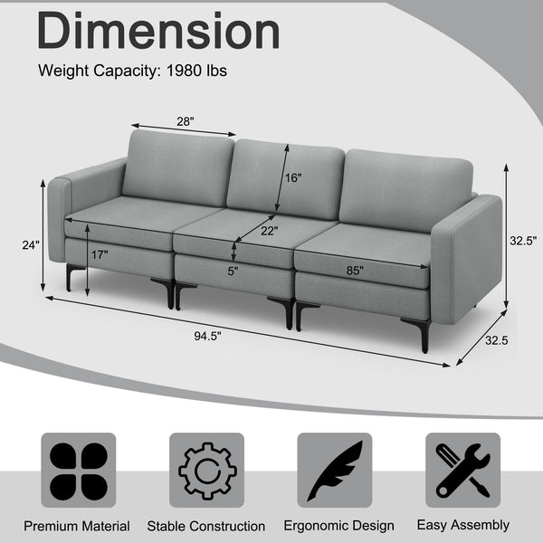 Modern Modular 3-Seat Sofa Couch w/ Side Storage Pocket - jenshomeandgardendecor