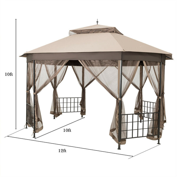 Octagonal Patio Gazebo Canopy Shelter Double Top W/Netting Sidewalls - jenshomeandgardendecor