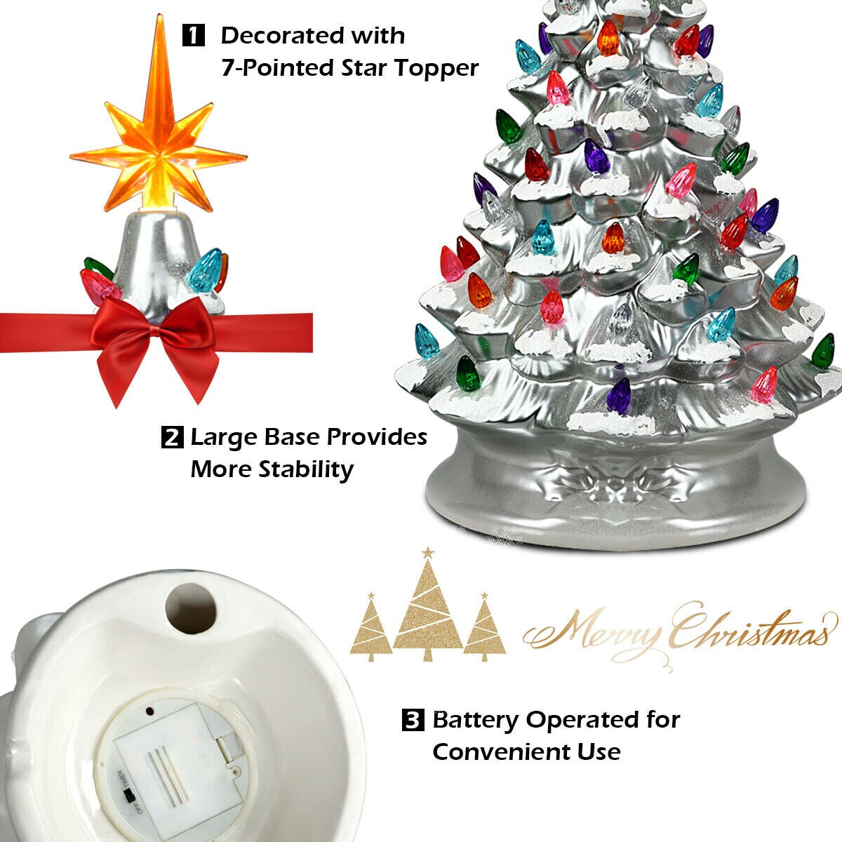 Prelit Hand-Painted Ceramic Tabletop Christmas Tree Battery Powered Silver - jenshomeandgardendecor