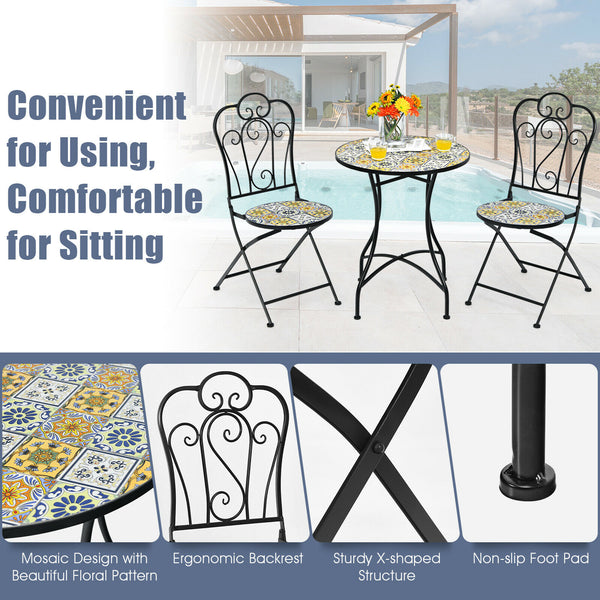 3PCS Patio Bistro Set Mosaic Design Folding Chairs Round Table Garden - jenshomeandgardendecor